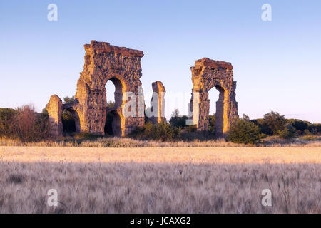 Dans la campagne romaine, dans un champ de blé, il y a les imposantes ruines d'un ancien aqueduc romain construit en blocs de tuf. Banque D'Images