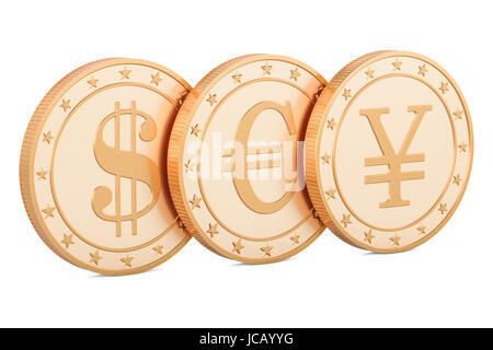 Ensemble de pièces d'or. Dollar, euro et yen yuan, 3D Rendering isolé sur fond blanc Banque D'Images
