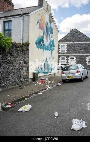 Litière éparpillés sur une rue résidentielle dans la région de Cardiff, Pays de Galles du Sud Banque D'Images