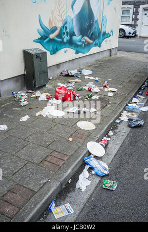 Litière éparpillés sur une rue résidentielle dans la région de Cardiff, Pays de Galles du Sud Banque D'Images