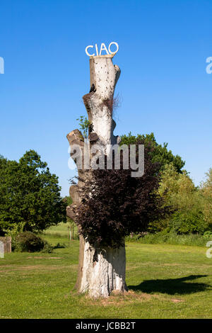 L'Allemagne, la Ruhr, Hattingen, sciées arbre avec le mot Ciao en haut dans le parc de château à douves Haus Kemnade, dans l'arrondissement Blankenstein. Banque D'Images