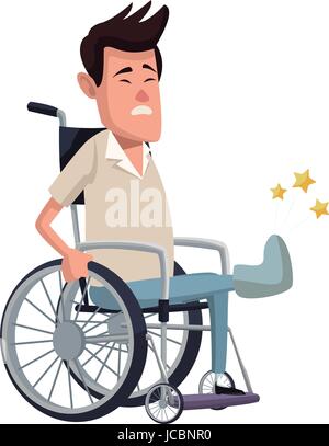 Cartoon homme assis fauteuil roulant avec fracture de la jambe souffrant de douleur Illustration de Vecteur