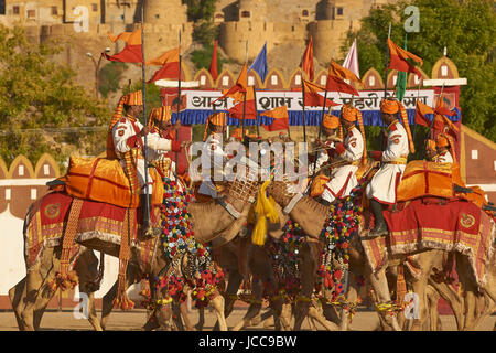 Les chameaux et les cavaliers de l'Indian Border Security Force effectuer en face du fort pendant la Festival du désert à Jaisalmer, Rajasthan, Inde. Banque D'Images