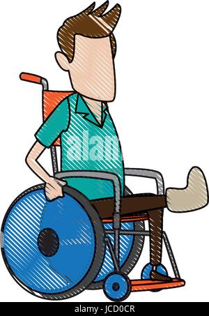 Cartoon homme assis fauteuil roulant avec fracture de la jambe souffrant de douleur Illustration de Vecteur