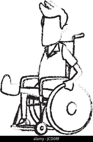 Cartoon homme assis fauteuil roulant avec fracture de la jambe souffrant de douleur Illustration de Vecteur