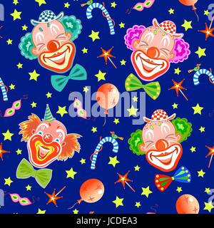 Modèle sans couture avec des clowns riants sur la conception vectorielle de fond bleu Illustration de Vecteur