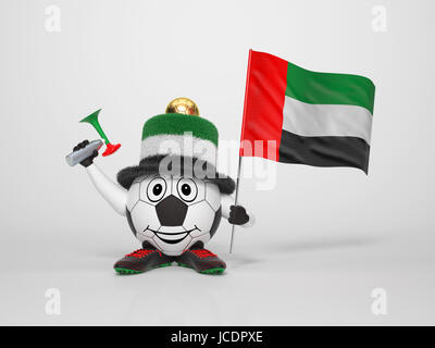 Un mignon et drôle personnage soccer tenant le drapeau national de l'Emirats Arabes Unis et d'un klaxon vêtus aux couleurs des Emirats arabes unis sur fond lumineux soutenir son équipe Banque D'Images