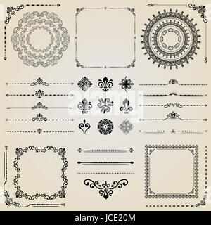 Vintage ensemble de vecteur horizontal, rond et carré. Différents éléments de décoration design, des cadres, des cartes, des menus, des milieux et monogrammes Illustration de Vecteur