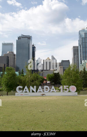 Une bernache du Canada par un signe 150 Canada à Calgary, Canada. L'inscription commémore le 150e anniversaire de la Confédération. Banque D'Images