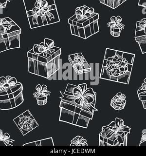 Vector hand drawn seamless pattern boîte cadeau. Cadeaux de Noël fond noir esquisse pour la conception actuelle Illustration de Vecteur