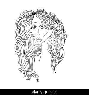 Femme triste avec de beaux cheveux. Grafic croquis numérique style noir et blanc. Vector illustration.