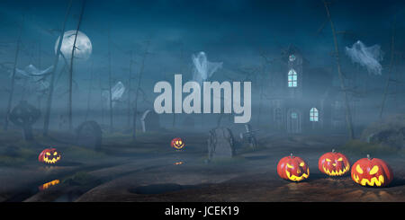 Une cabane dans une forêt brumeuse et Spooky Halloween la nuit avec Jack O'lanternes et fantômes. Banque D'Images