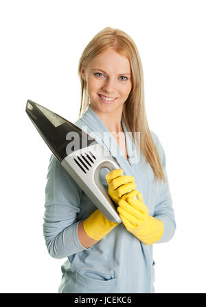 Cheerful woman with aspirateur portable. Isolated on white Banque D'Images