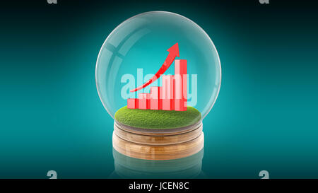 Bille de verre sphère transparente avec l'augmentation du graphique sur l'herbe à l'intérieur. Le rendu 3D. Banque D'Images