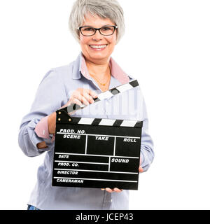 Happy elderly woman holding a deck, isolé sur fond blanc Banque D'Images