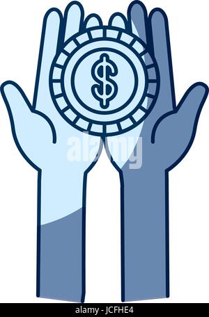 Silhouette d'une ombre de couleur bleue vue avant mains tenant dans la paume d'une pièce avec le symbole du dollar Illustration de Vecteur