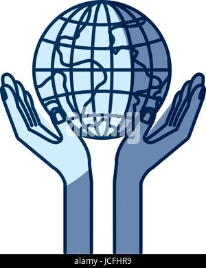 Silhouette d'une ombre de couleur bleu avec mains earth globe flottant symbole de charité du monde Illustration de Vecteur