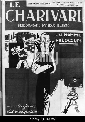 Samedi 16 janvier 1937. Couverture de 'Charivari'. Léon Blum, président du premier gouvernement du Front populaire, les craintes que les grèves et les nazis (ici représenté dans le protectorat espagnol du Maroc, où les nationalistes se rebellent). Banque D'Images