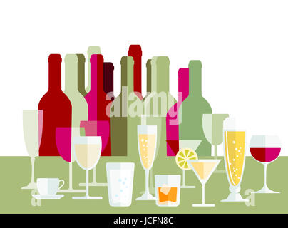 Boissons, Vins, champagne, bouteilles, verres, Banque D'Images