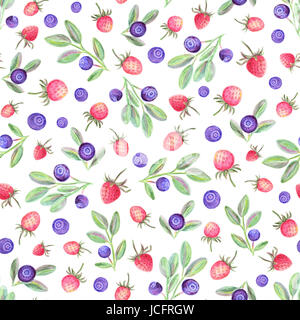 Motif transparent aquarelle avec les baies. Fond blanc avec des fraises et bleuets fruits. Illustration à la main. Banque D'Images