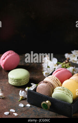 Variété de français colorés dessert sucré macaron macarons avec différents fourrages servis dans boîte en bois noir avec fleurs de printemps sur la texture sombre ba Banque D'Images