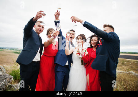 Couple de mariage et braidsmaids avec garçons drinking champagne dans une campagne pittoresque. Banque D'Images