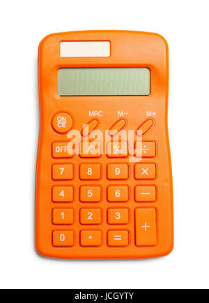 Vue de dessus de la calculatrice Orange isolé sur fond blanc. Banque D'Images