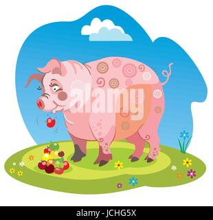 Vector illustration funny cartoon pig se dresse sur un pré et mange les pommes de droit isolé sur fond blanc Illustration de Vecteur