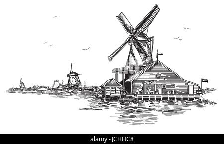 Vecteur graphique dessin gravure Illustration de moulin à eau à Amsterdam (Pays-Bas, Hollande) en couleur noir. Vector isolated on a white background Illustration de Vecteur