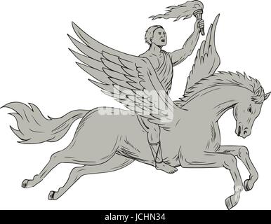 Croquis dessin illustration style de Bellérophon, un héros de la mythologie grecque équitation Pegasus, un cheval ailé divin dieu-holding étalon vu de torche Illustration de Vecteur