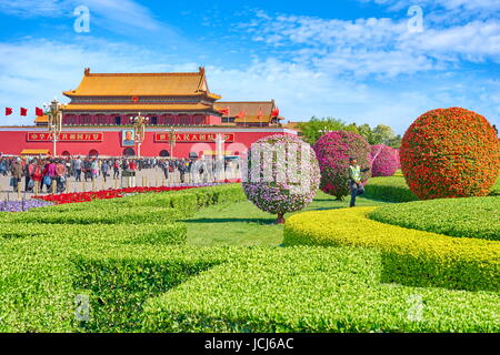 Jardin en fleurs se forme à la place Tiananmen, la paix céleste, Beijing, Chine Banque D'Images