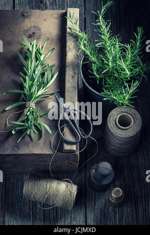 Produits frais et des herbes dans un vert intensif cuisine rustique Banque D'Images