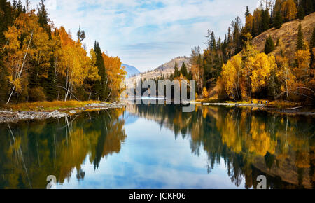 Automne couleur bois et les montagnes avec de superbes paysages , réflexion dans le Xinjiang, en Chine. Banque D'Images