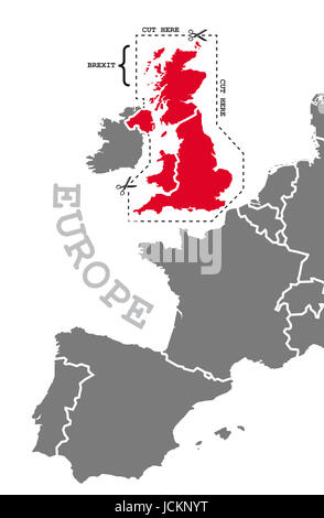 Brexit illustration carte en gris rouge avec cut out ligne autour de la Grande-Bretagne en surbrillance Banque D'Images