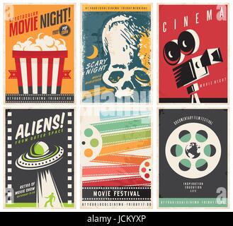 Affiches cinéma collection avec différents genres de films et de films et thèmes. Vector retro créative design avec six brochures promotionnelles. Illustration de Vecteur
