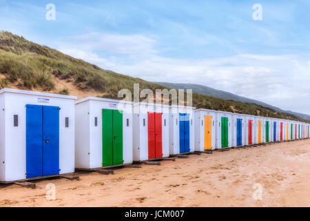 Plage de Woolacombe, cabines de plage, North Devon, England, UK Banque D'Images