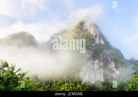 La haute montagne calcaire luxuriantes couvertes par mist entouré de forêts tropicales de Thaïlande. Banque D'Images