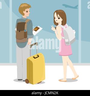 Jeune couple sympathique avec des sacs à l'aéroport et holding passport in hand Illustration de Vecteur