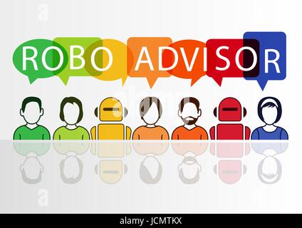 Robo-conseiller comme concept illustration vectorielle avec icônes colorées de robots et les personnes Banque D'Images