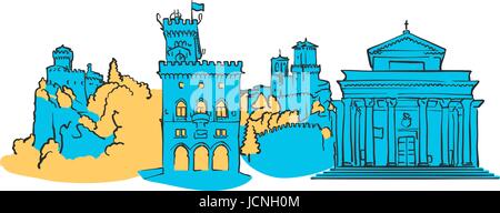 San Marino Panorama coloré, rempli de forme bleue et jaune. Paysage urbain urbaine évolutive Vector Illustration Illustration de Vecteur