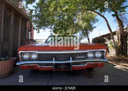 Vieille voiture rouge sous un arbre à Seligman, Arizona Banque D'Images