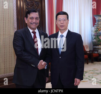 (170616) -- BEIJING, 16 juin 2017 (Xinhua) -- le vice-Premier ministre chinois Zhang Jaili (R) rencontre avec l'envoyé du Président et Ministre de la coordination des affaires maritimes Binsar Luhut Pandjaitan à Beijing, capitale de Chine, le 16 juin 2017. (Xinhua/Wang Ye) (ZHS) Banque D'Images