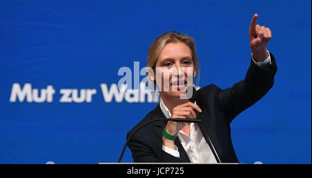 Karlsruhe, Allemagne. 17 Juin, 2017. Alice Weidel, grand favori de l'Alternative pour l'Allemagne (AfD) partie pour les prochaines élections parlementaires du Bundestag allemand, prend la parole à l'État partie de la convention de Bade-wurtemberg l'AfD à Karlsruhe, Allemagne, 17 juin 2017. Photo : Uli Deck/dpa/Alamy Live News Banque D'Images