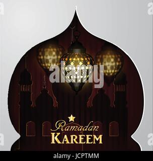 Vector illustration Silhouette de mosquée et stain glass magic lights sur fond sombre dans la fenêtre papier Illustration de Vecteur