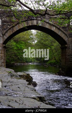 Nouveau pont, un pont médiéval classé Grade II, construit en 1413, enjambant la rivière Dart. Le Dartmoor, Devon, UK. Mai, 2017. Banque D'Images