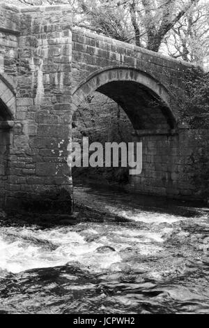 Nouveau pont, un pont médiéval classé Grade II, construit en 1413, enjambant la rivière Dart. Le Dartmoor, Devon, UK. Mai, 2017. Banque D'Images