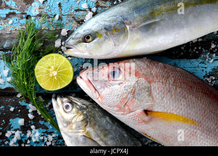 Poisson vivaneau hamachi et Lactarius poissons de jeu du marché de la pêche sur la plaque en bois avec du citron et des légumes. Banque D'Images