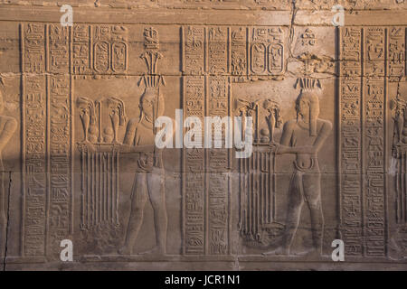 Mur intérieur sculpté du Temple de Kom Ombo, est un temple double, il a été construit pendant la dynastie ptolémaïque, 180-47 av. J.-C., quelques ajouts t Banque D'Images