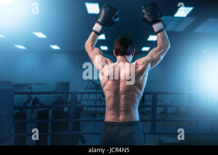 Boxer dans les mains des gants jusqu'à la bague, vue de dos. Entraînement de boxe, sport mens Banque D'Images