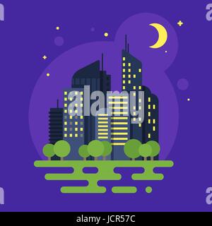 Vector illustration style plat de night city. Lune et les bâtiments. Isolé sur fond blanc. Pour l'icône web. Illustration de Vecteur